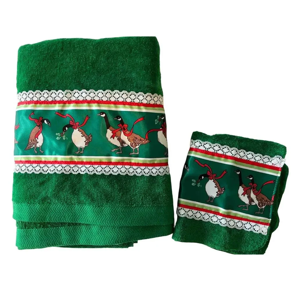 Vtg Christmas Goose Geese Bath Towel Washcloth 2 piece set
